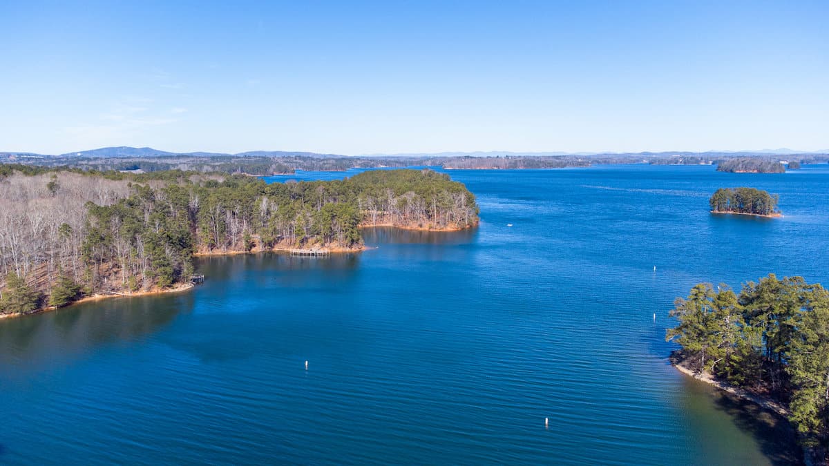 Aerial view of the blue waters and shoreline trees at Lake Lanier, a popular bass fishing spot in Georgia.