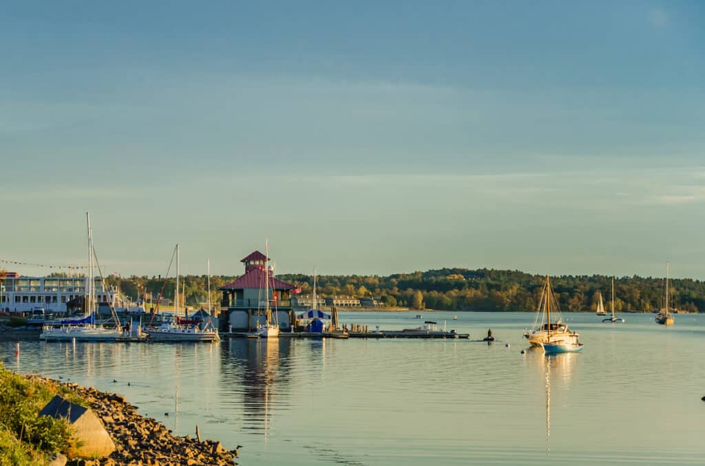 Boats moored in the harbor on Lake Champlain at Burlington, Vermont, one of the cities on the vast shoreline.