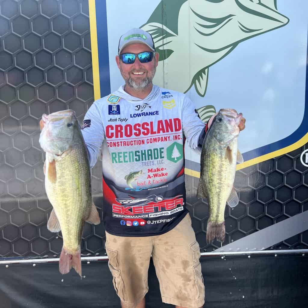 A tournament angler wearing a sponsored jersey holds up a couple of nice largemouth bass he caught fishing at Eufaula Lake in Oklahoma.