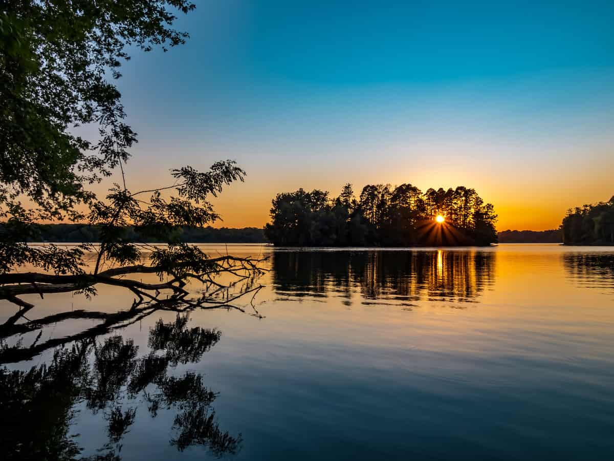 Sunset through trees at Pymatuning Lake on the border of Pennsylvania and Ohio, which offers some of the best fishing in either state.