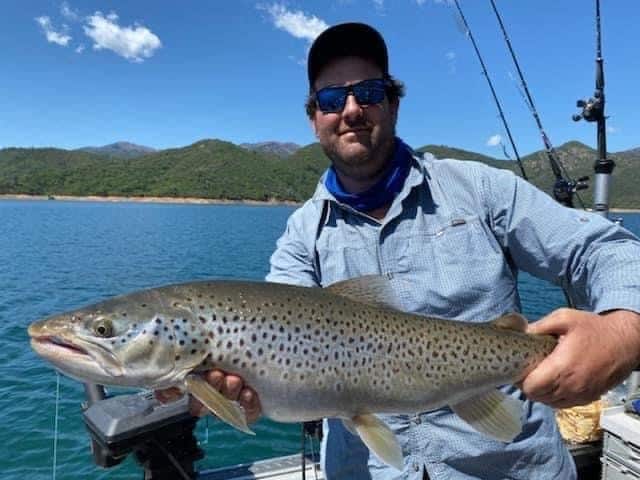 Angler on a boat holds a giant brown trout he caught fishing at Lake Shasta.