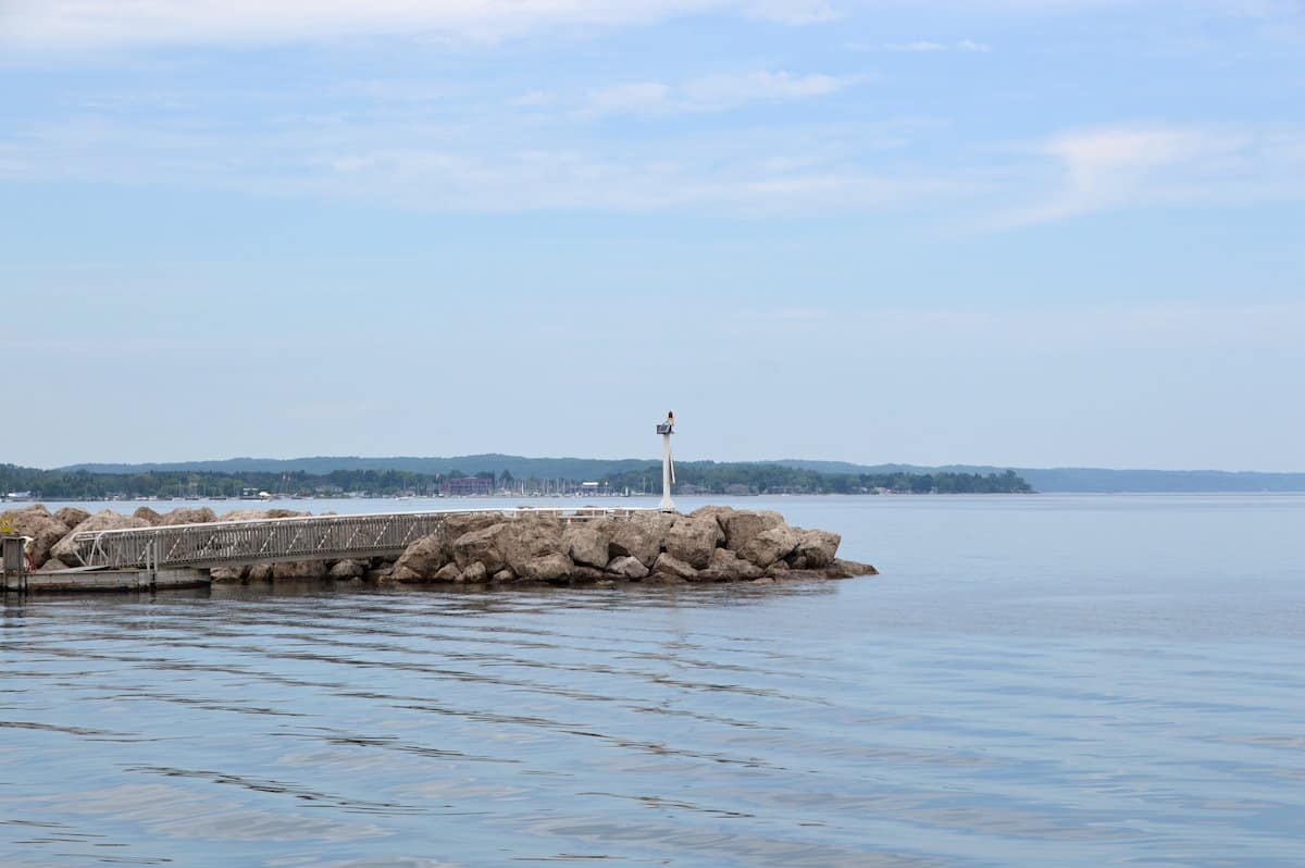 A jetty stretches into Grand Traverse Bay in northern Michigan.