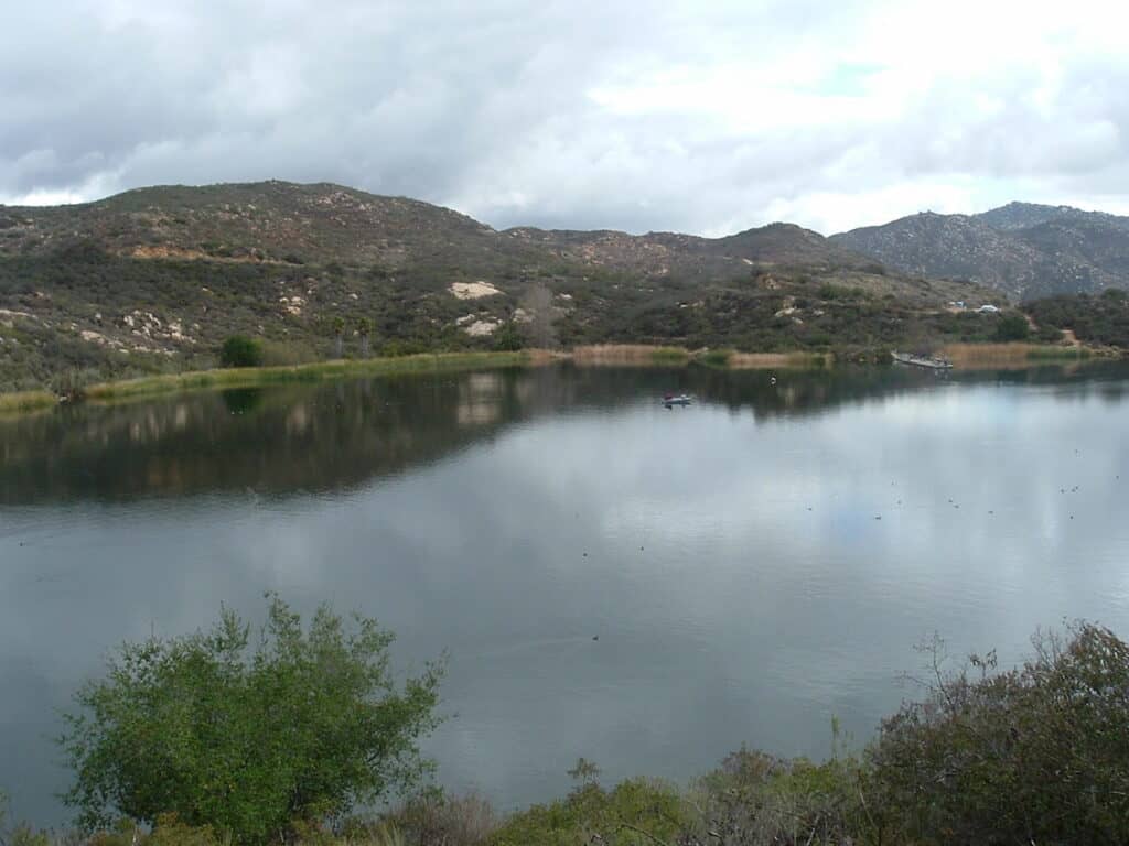 Scenic fading light view of Dixon Lake, a popular fishing spot in San Diego County known for producing one of the biggest largemouth bass in history.