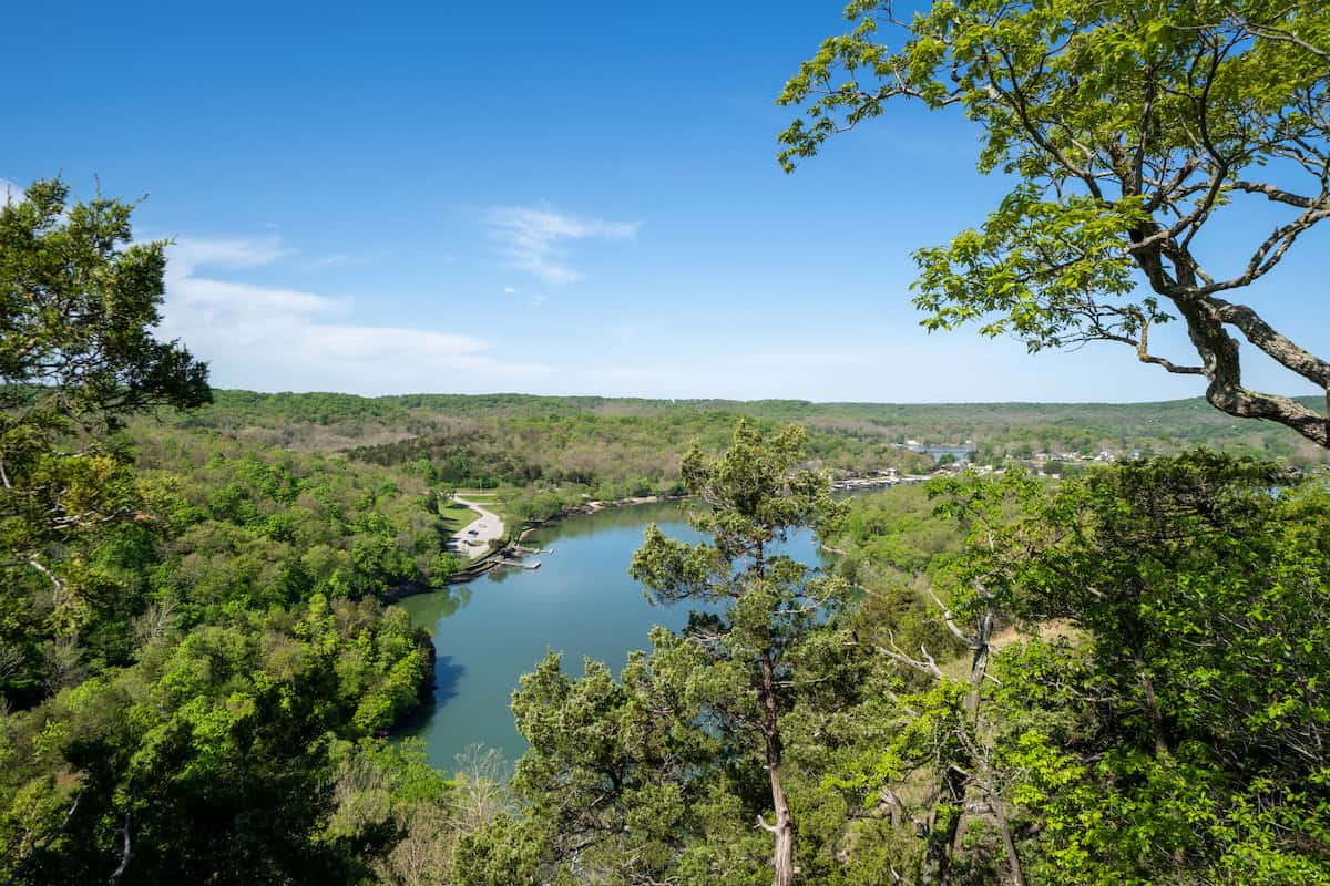 Scenic overview of just part of the massive Lake of the Ozarks, one of Missouri's biggest and best fishing lakes.