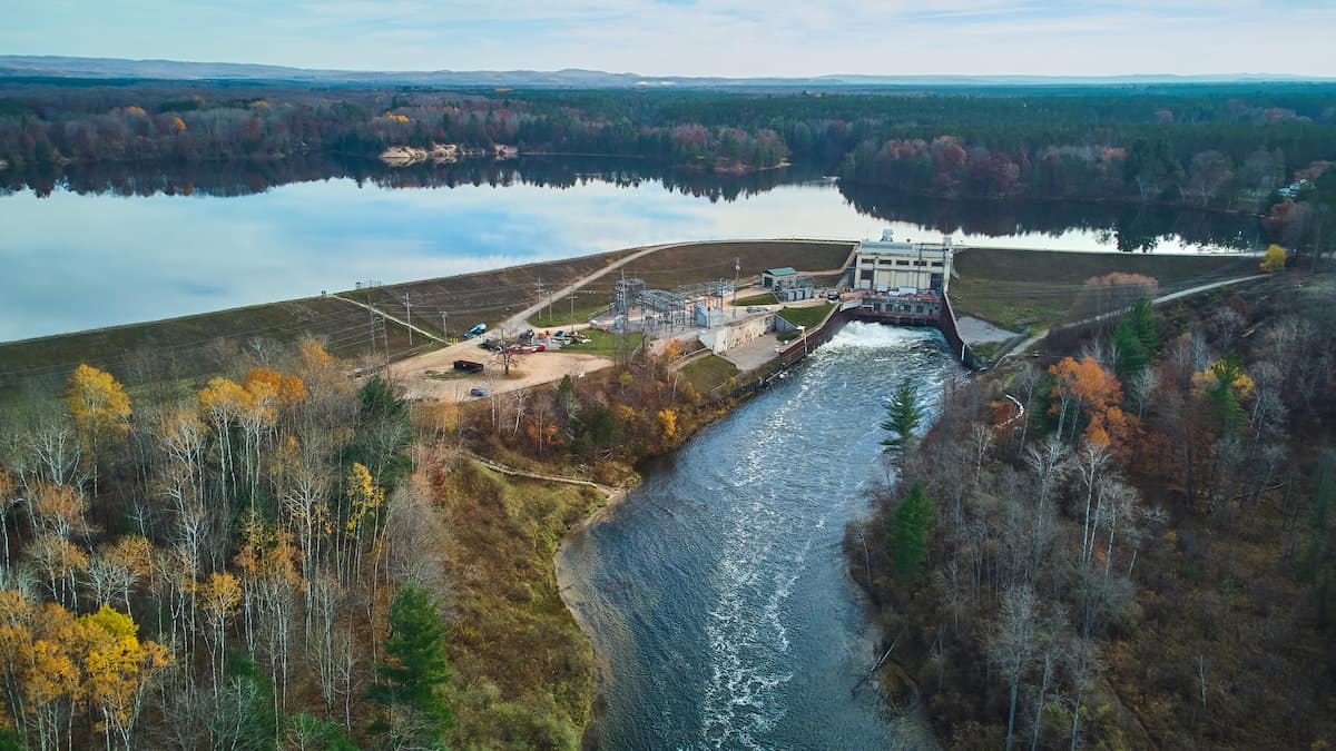 Aerial view of the Manistee River below the dam, popular spot for fishing for several species including salmon, trout and steelhead.