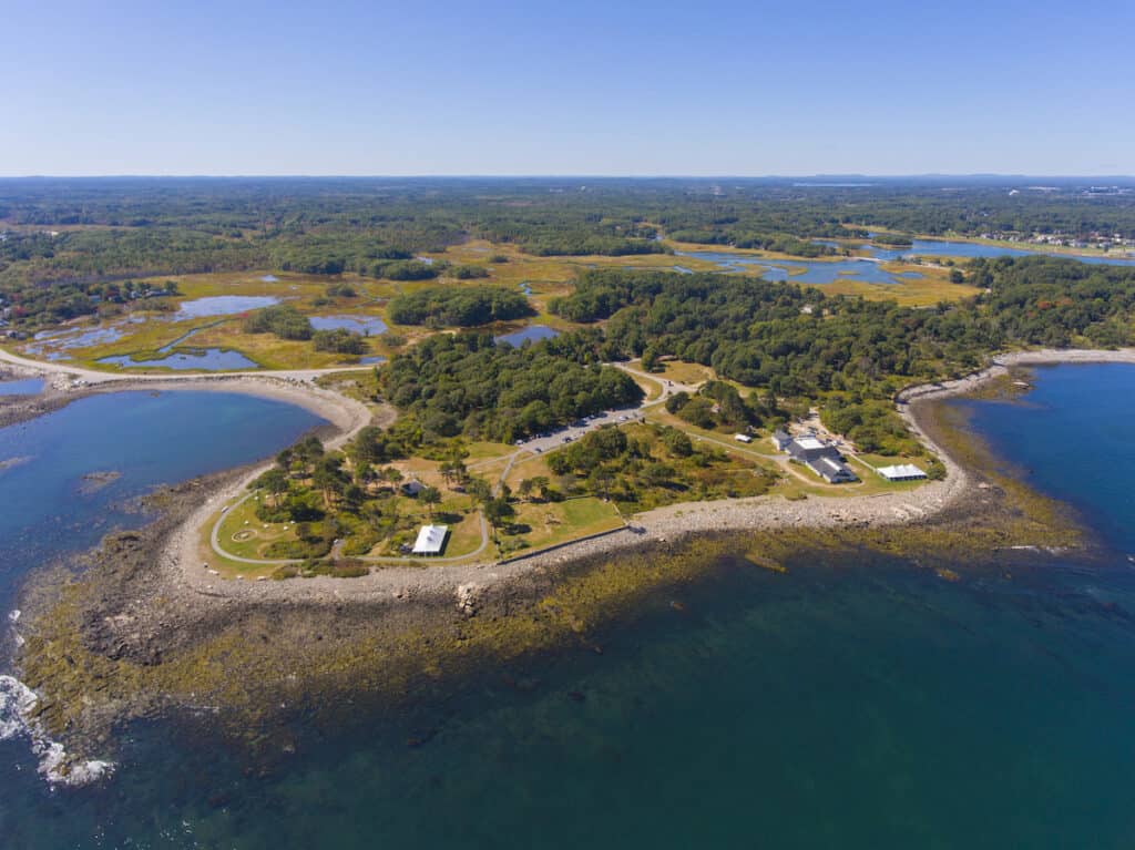 Aerial photo of Odiorne Point State Park near the mouth of the Piscataqua River in New Hampshire, a prime area for shore fishing for stripers.
