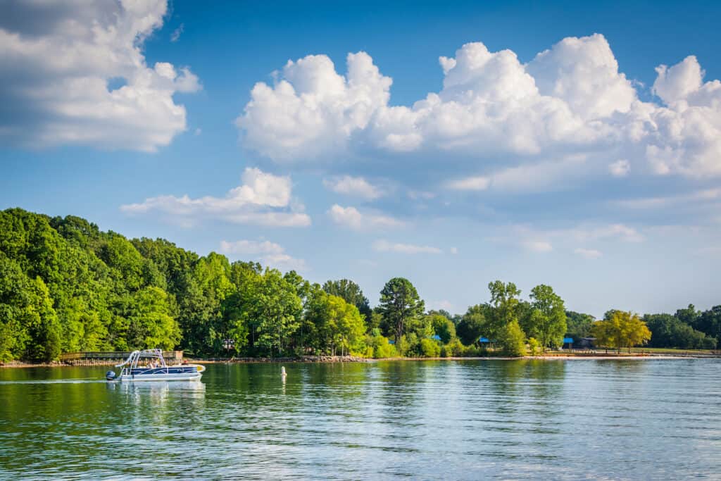 Fishing and skiing all-purpose boat in Lake Norman, seen from Jetton Park, in Cornelius, North Carolina.