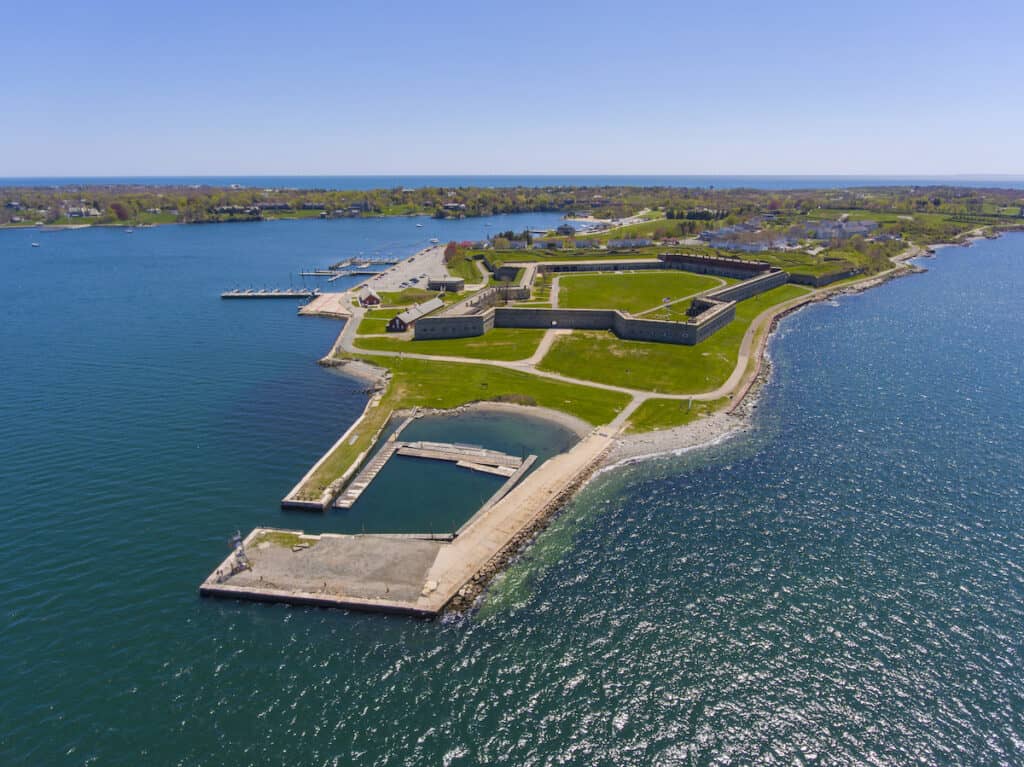 Aerial view of Fort Adams State Park along the Rhode Island coastline.