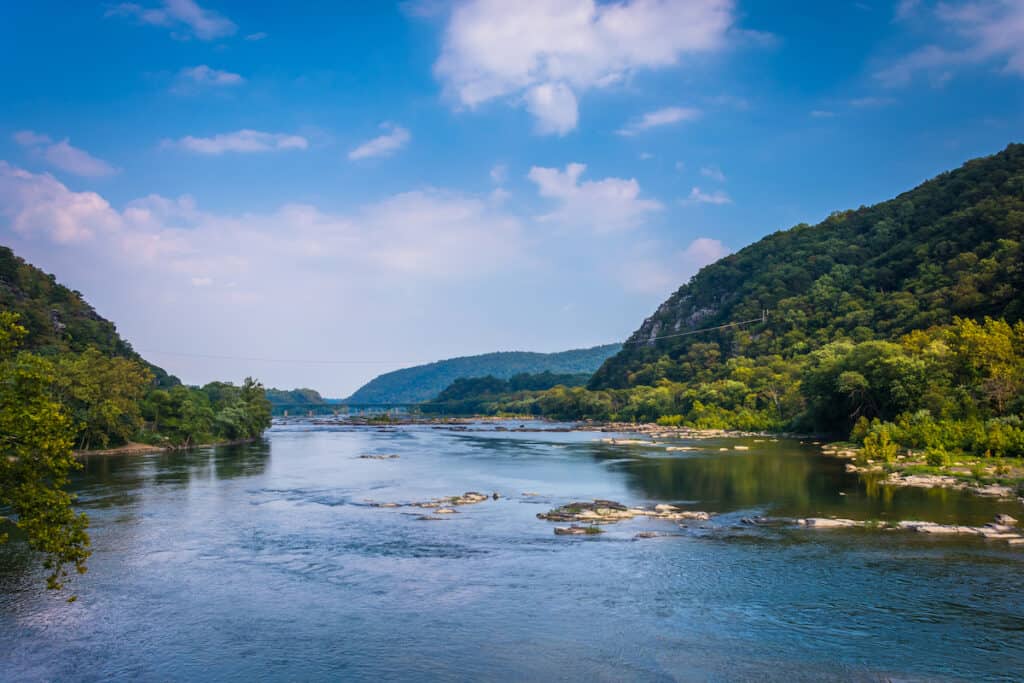 Scenic view of the Potomac River near Harper's Ferry, West Virginia, an excellent section for fishing.