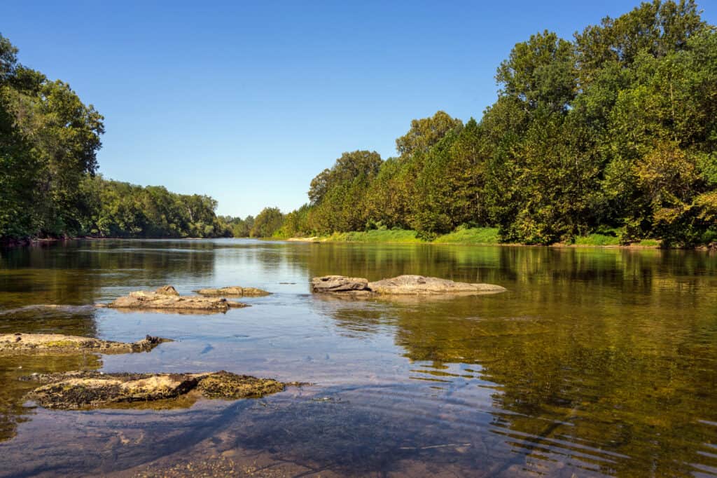 Serine and peaceful view of the James River flowing just outside Scottsville, Virginia, an area great for smallmouth bass and other fishing.