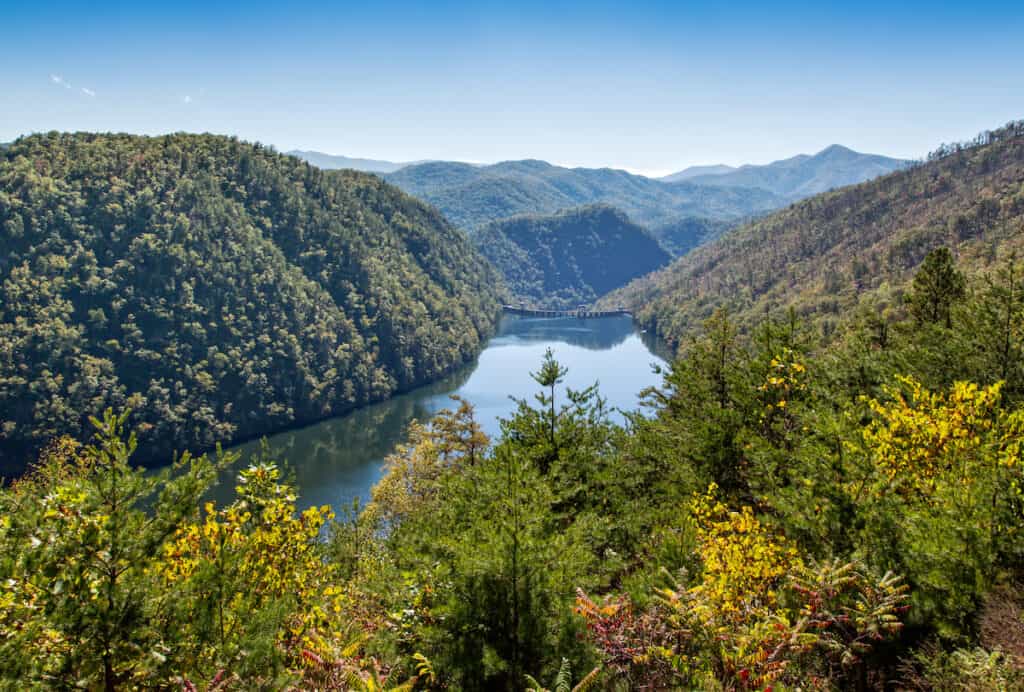 This is a view from behind the Cheoah Dam on the Little Tennessee River. The dam was used in the movie 