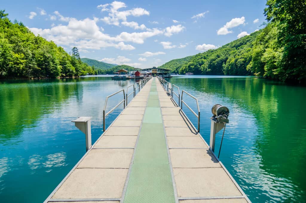 Lake Fontana boats and ramp in a popular fishing lake in the Great Smoky Mountains of North Carolina.