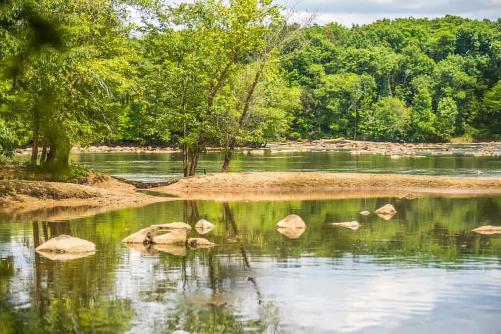 A serene stretch of the Catawba River flowing through Landsford Canal State Park, one of the better bass fishing areas in South Carolina.