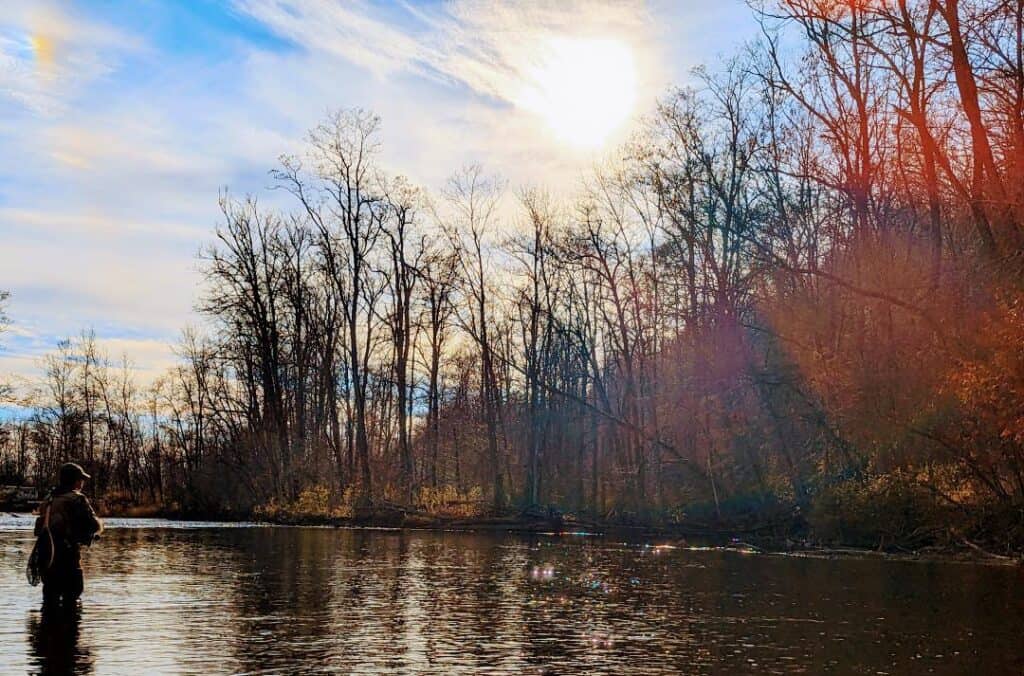 A backlit angler fishing for trout in a scenic stream lined with bare trees on a cold fall day as the sun sets in Upstate New York.