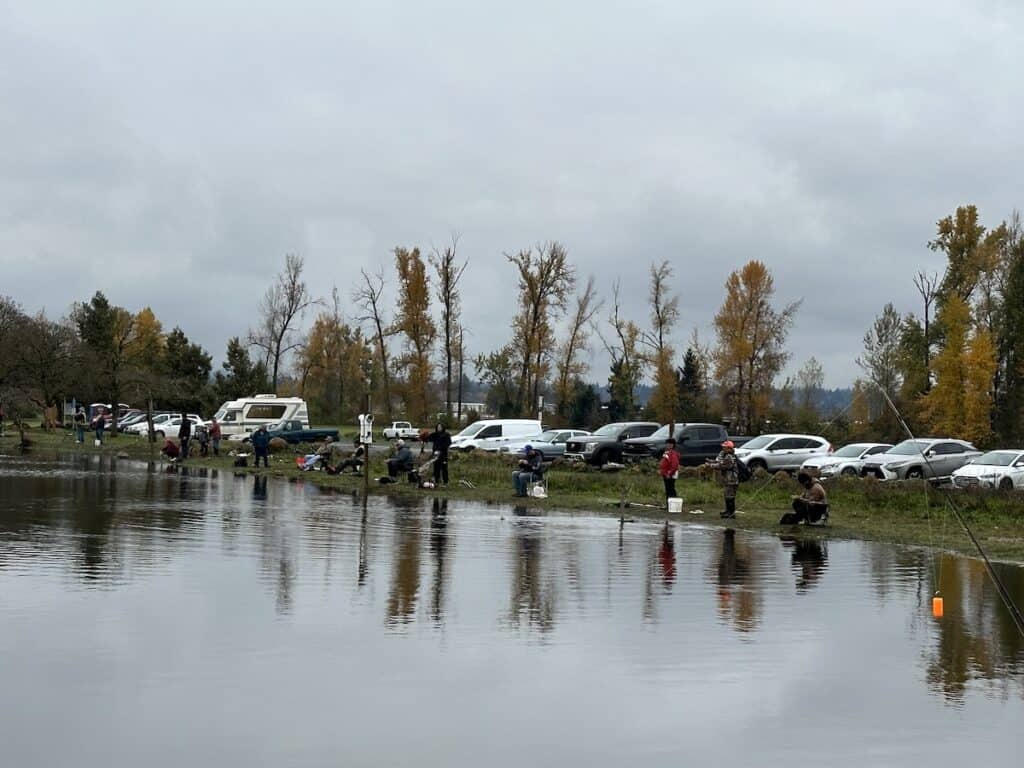 Anglers line the banks at Walter Wirth Lake after it was stocked with rainbow trout during the fall.
