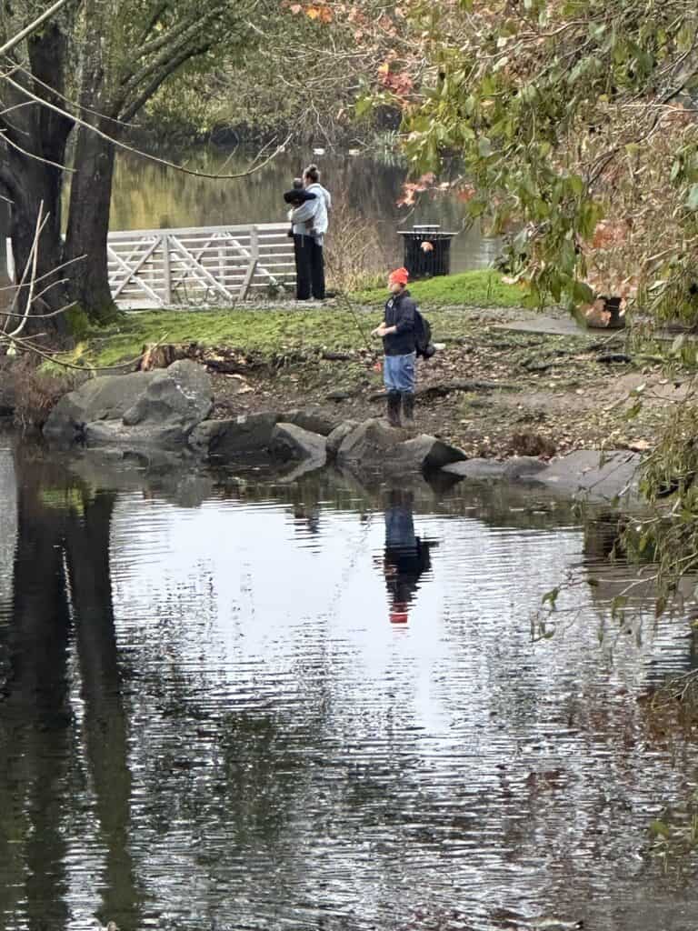 An angler fishes for trout from the shore of Waverly Lake in Albany, with their reflection in the water.