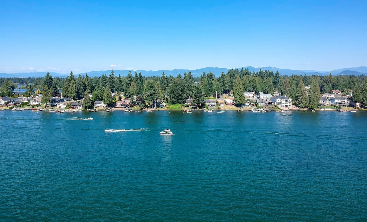 Boaters enjoy the blue waters of Lake Tapps, a popular fishing spot near Auburn, Washington.