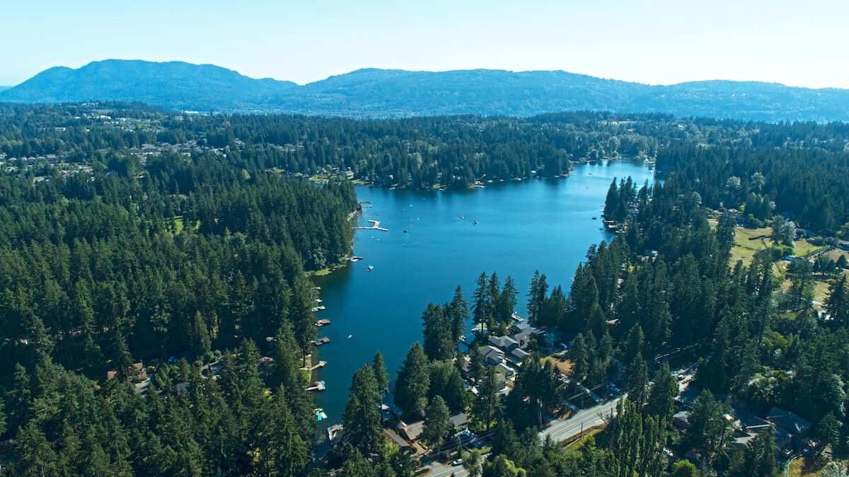Aerial view of Pine Lake, a popular fishing lake in Sammamish, Washington.