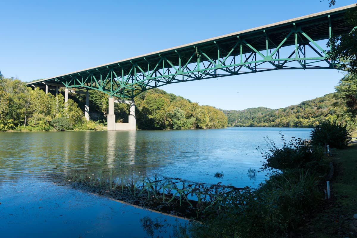 A bridge spans the Monongahela River in Morgantown, a pretty good spot to catch muskies in West Virginia.