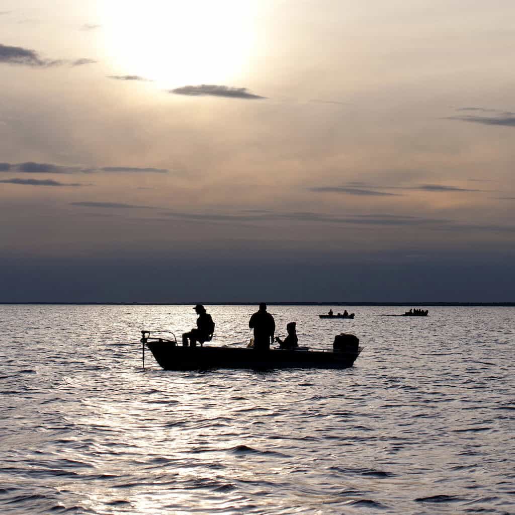 Silhouette of anglers in a boat fishing on a lake at sundown.